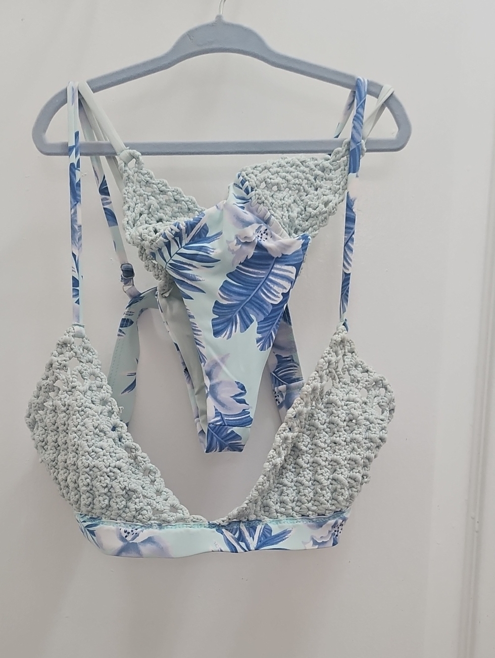 Frankie's Bikinis Light Blue and White Crochet One-Piece Swimsuit